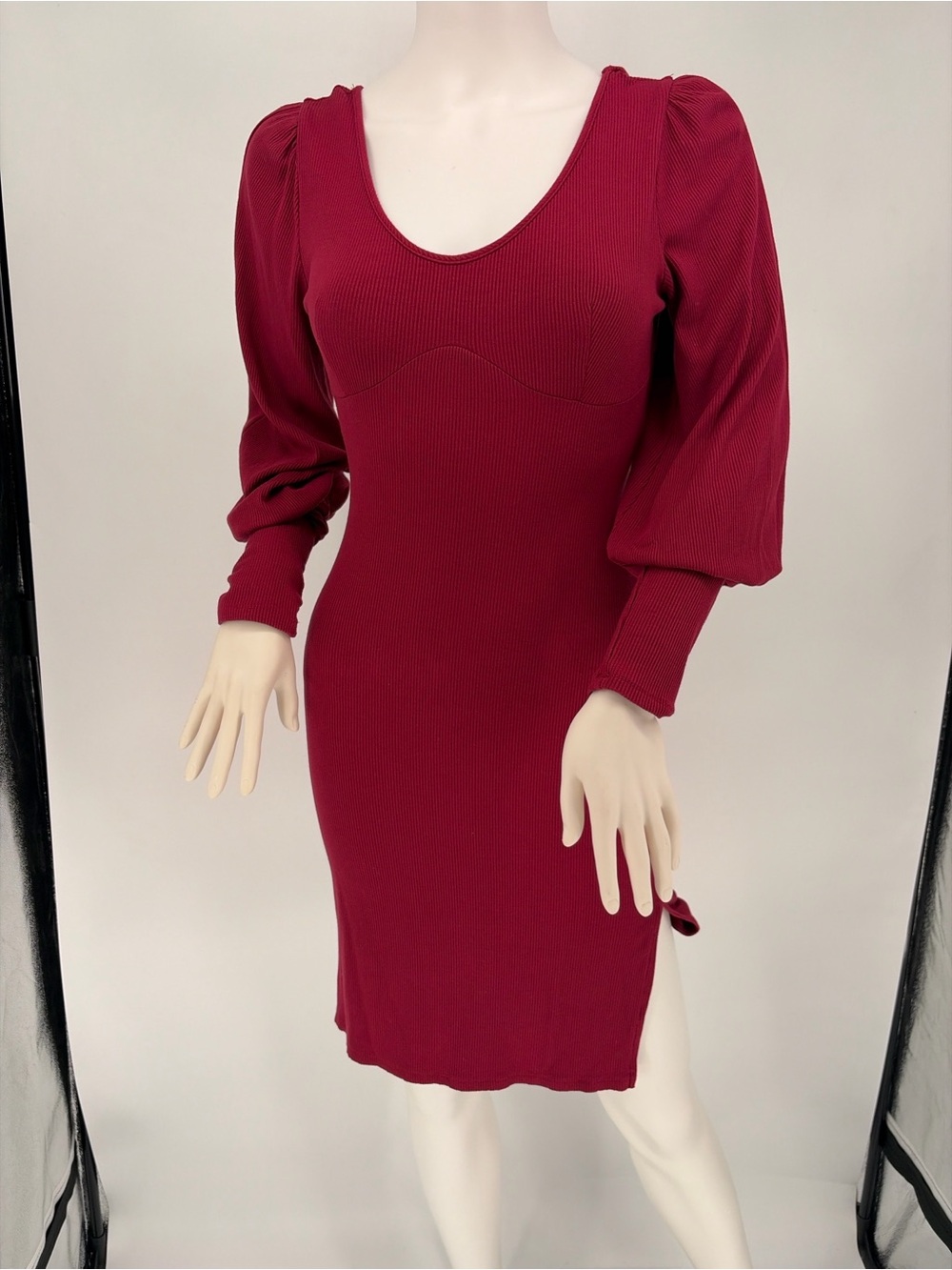Fiesta Ribbed Scoop Neck Puff Sleeve Mini Dress - Burgundy